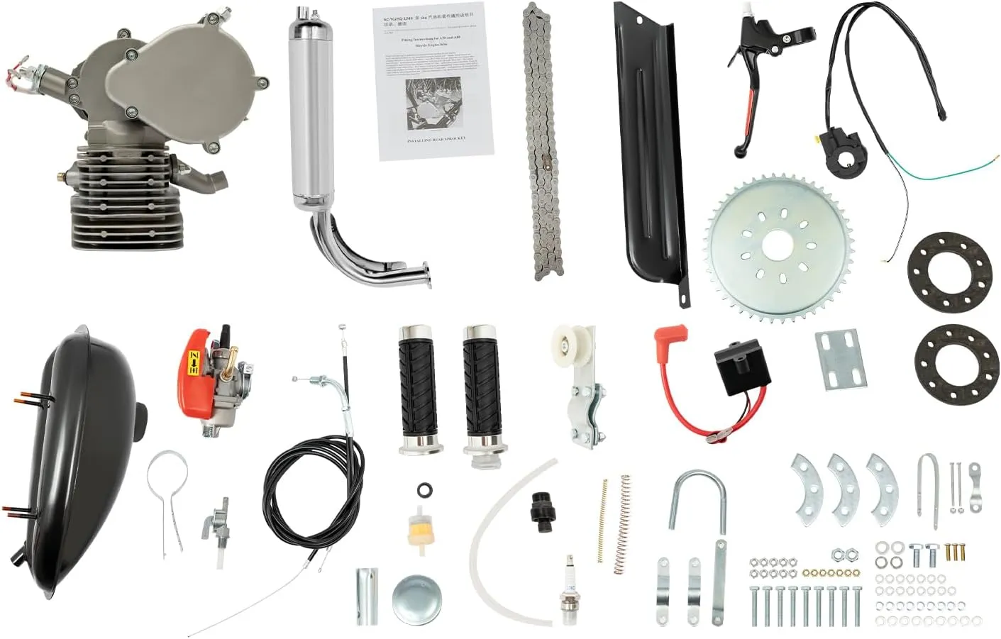 110CC Bicycle Engine Kit,2 Stroke Bicycle Engine Bike Motor Kit,Gas Motorized Bike Conversion Kit Full Set,Single-cylinder,2L/2.11qt Fuel Tank,for 26" to 28" Bicycles