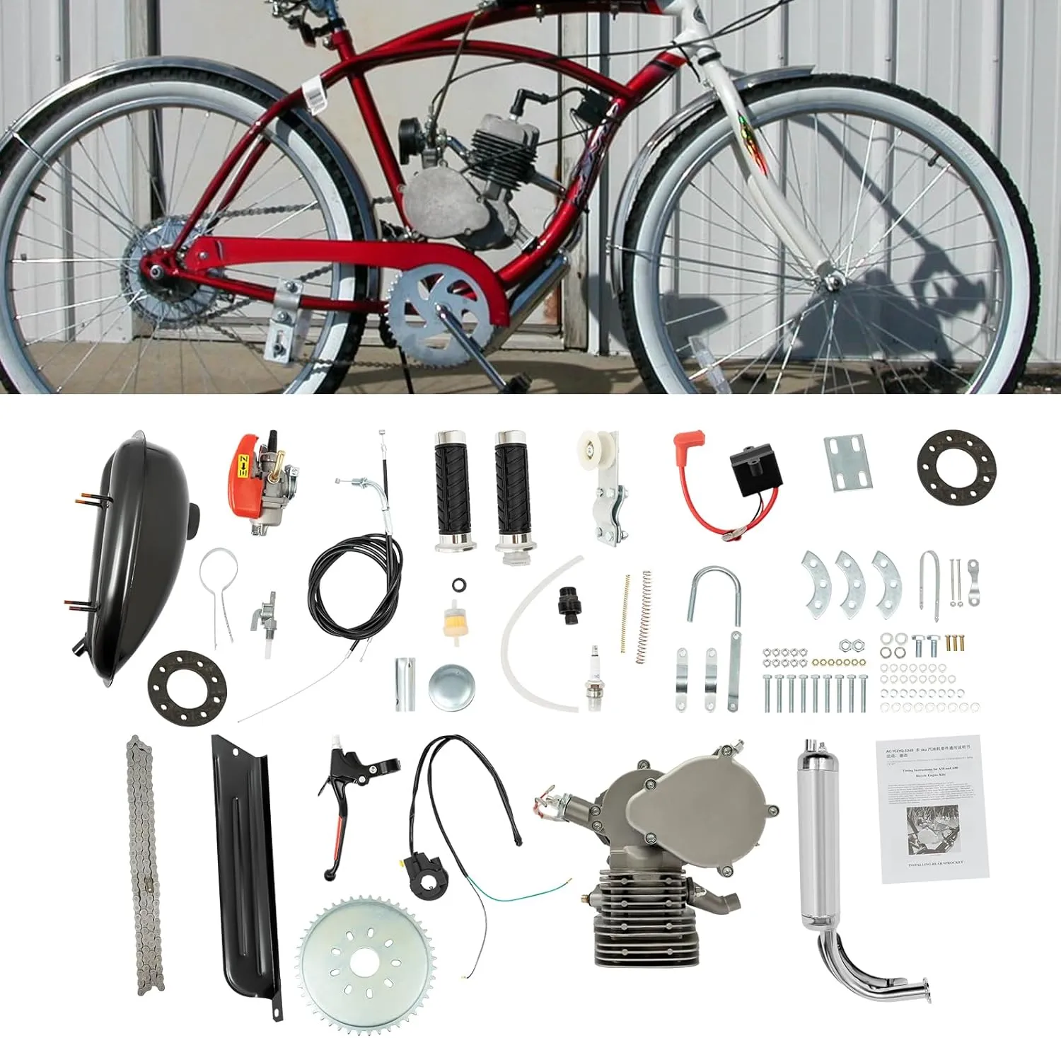 110CC Bicycle Engine Kit,2 Stroke Bicycle Engine Bike Motor Kit,Gas Motorized Bike Conversion Kit Full Set,Single-cylinder,2L/2.11qt Fuel Tank,for 26" to 28" Bicycles