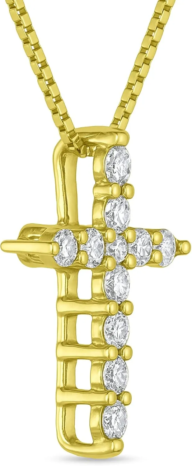 1/4 Carat Natural Diamond Cross Necklace for Women 14K Gold - Small 1/2 Inch Cross Adjustable 14K Gold Box Chain