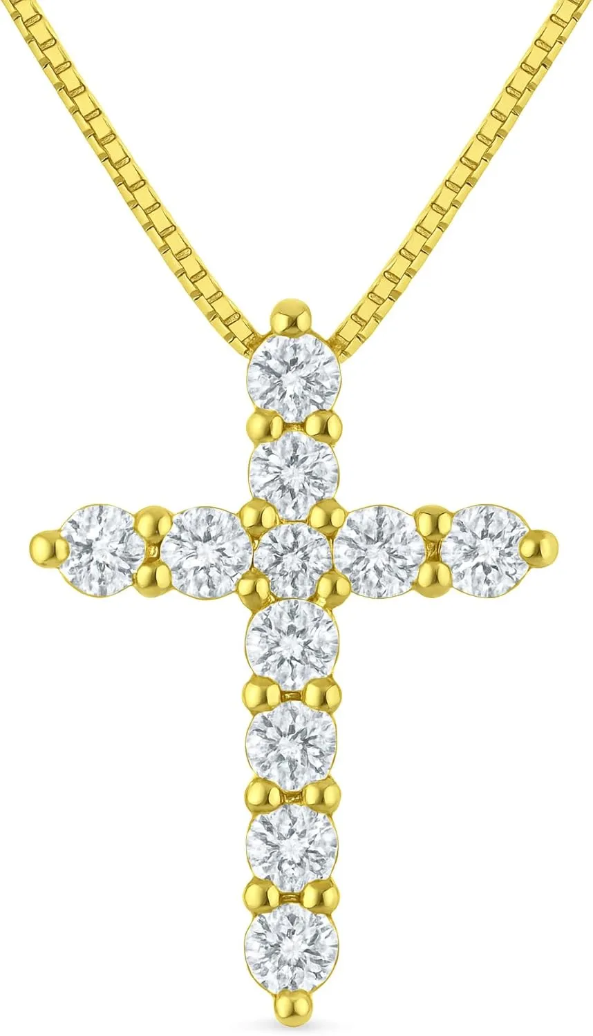 1/4 Carat Natural Diamond Cross Necklace for Women 14K Gold - Small 1/2 Inch Cross Adjustable 14K Gold Box Chain