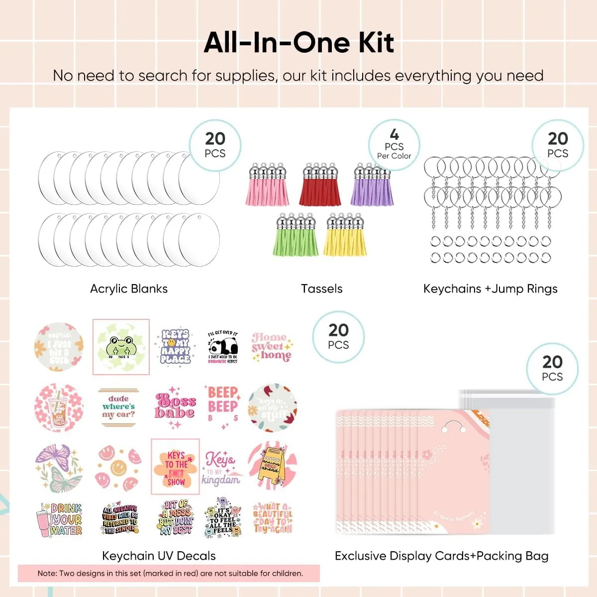 140 PCS Acrylic Keychain Blank Set, Funny Double-Sided UV DTF Stickers Acrylic Keychain Making Kits for Vinyl DIY Craft Project Employee Appreciation Gifts