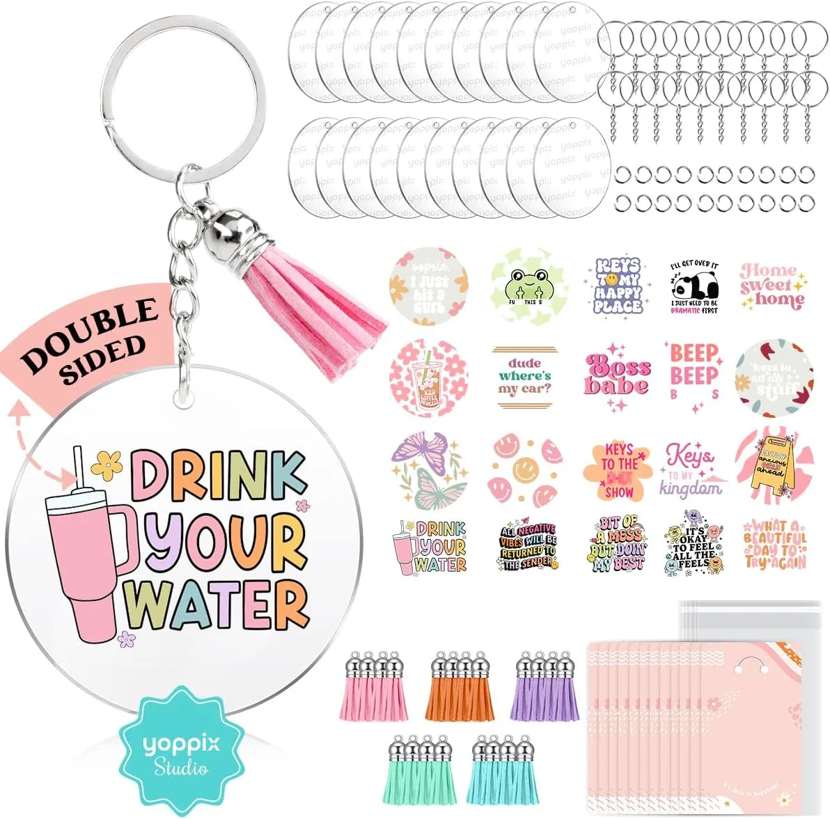 140 PCS Acrylic Keychain Blank Set, Funny Double-Sided UV DTF Stickers Acrylic Keychain Making Kits for Vinyl DIY Craft Project Employee Appreciation Gifts