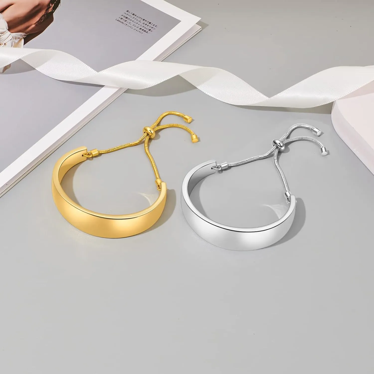 14K Gold Bracelets for Women Adjustable Slider Bracelet Bangle Bracelets for Women Gold Chain Bracelet