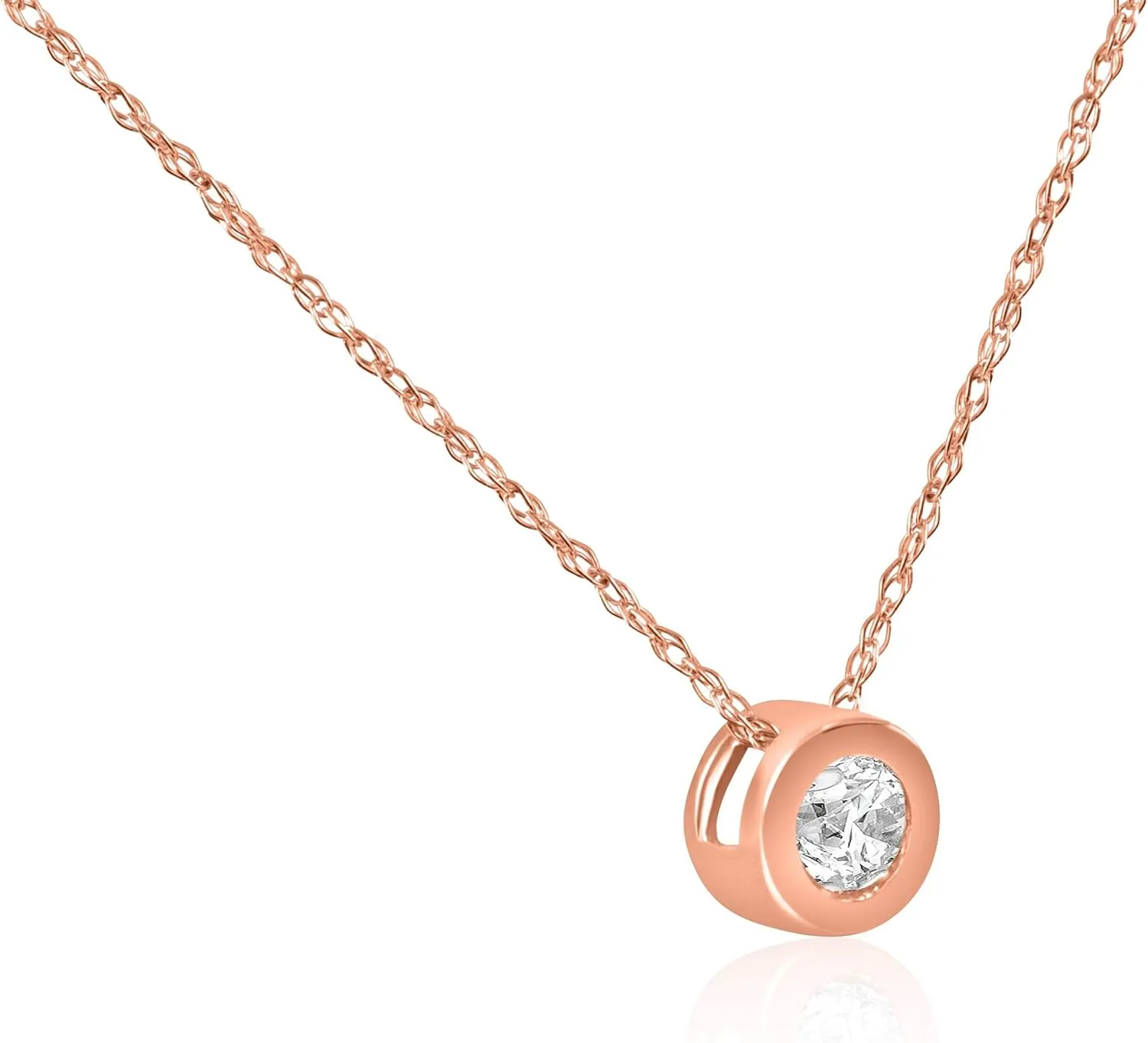 14k White, Yellow, or Rose Gold 1/4 Ct T.W. Diamond Round-Cut Bezel Solitaire Pendant Women's Necklace With 18" 14k Gold Chain