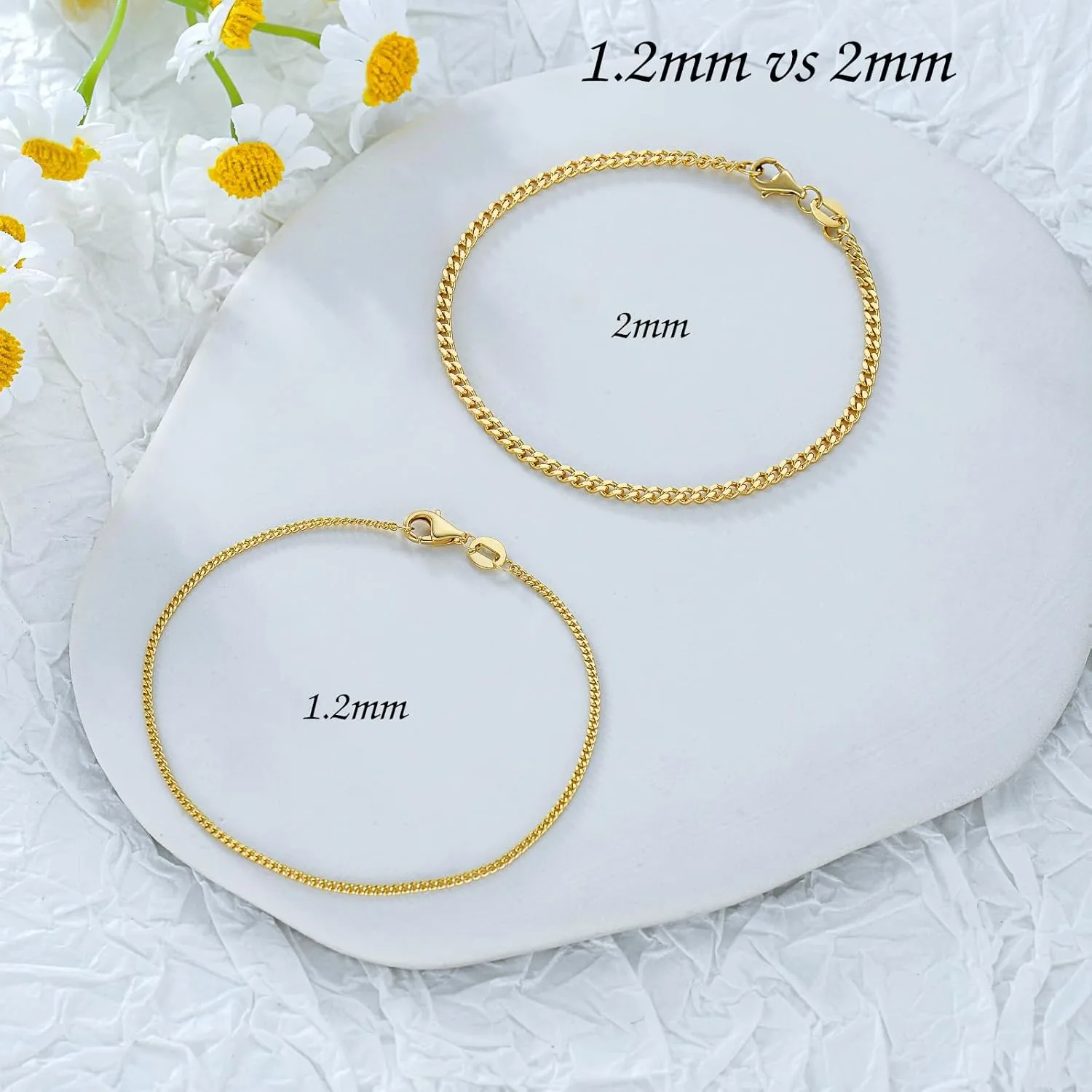 14K Yellow Gold 6-13 Inch 1.2mm-3.2mm Chain Bracelet Anklet for Women, Cuban Link Curb/Rope/Paper Clip/Round Snake/Herringbone/Bead/Water Wave, Thin Gold Chain Bracelet Durable Strong Real 14k Gold Chain Bracelet Anklet