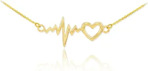 14k Yellow Gold Lifeline Pulse Heartbeat Charm Open Heart Pendant Necklace