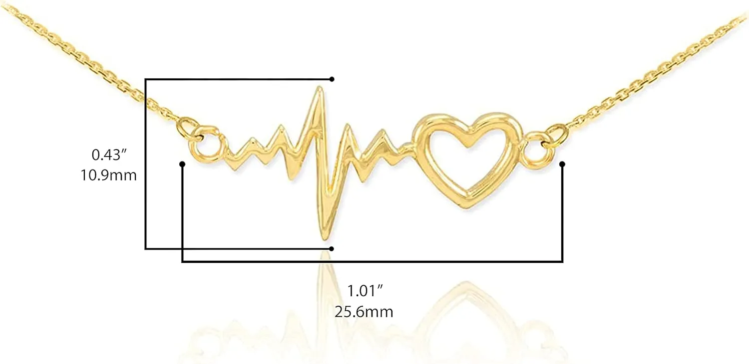 14k Yellow Gold Lifeline Pulse Heartbeat Charm Open Heart Pendant Necklace