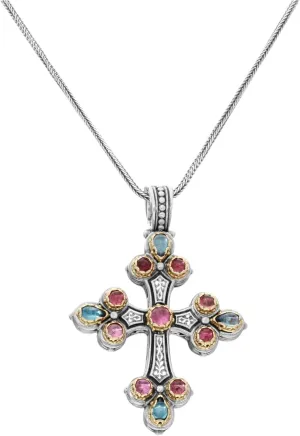 18K, Silver and Multicolor Stones Cross Pendant with Chain STMK6899-999-CAB