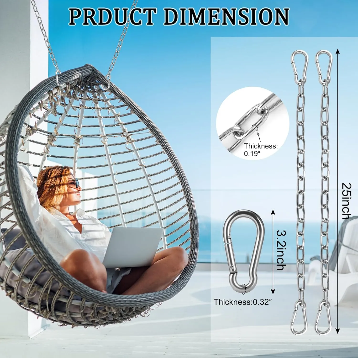 2 Pack 25in Hanging Swing Chain with 4 Carabiners, 550LB Capacity Hanging Kits Heavy Duty Hanging Chair Hardware for Hammock Swing Hanging Chair Punching Bags Sandbag Indoor Outdoor Yoga Gym (Silvery)