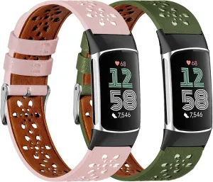 2 Pack Leather Bands Compatible with Fit Bit Charge 5 for Men Women，Soft Breathe Skeletonized Leather Wristband Replacement for Fit Bit Charge 5