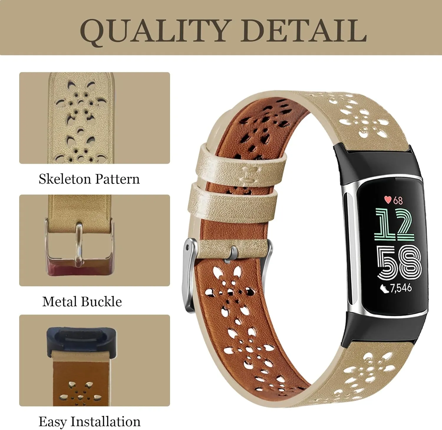 2 Pack Leather Bands Compatible with Fit Bit Charge 5 for Men Women，Soft Breathe Skeletonized Leather Wristband Replacement for Fit Bit Charge 5