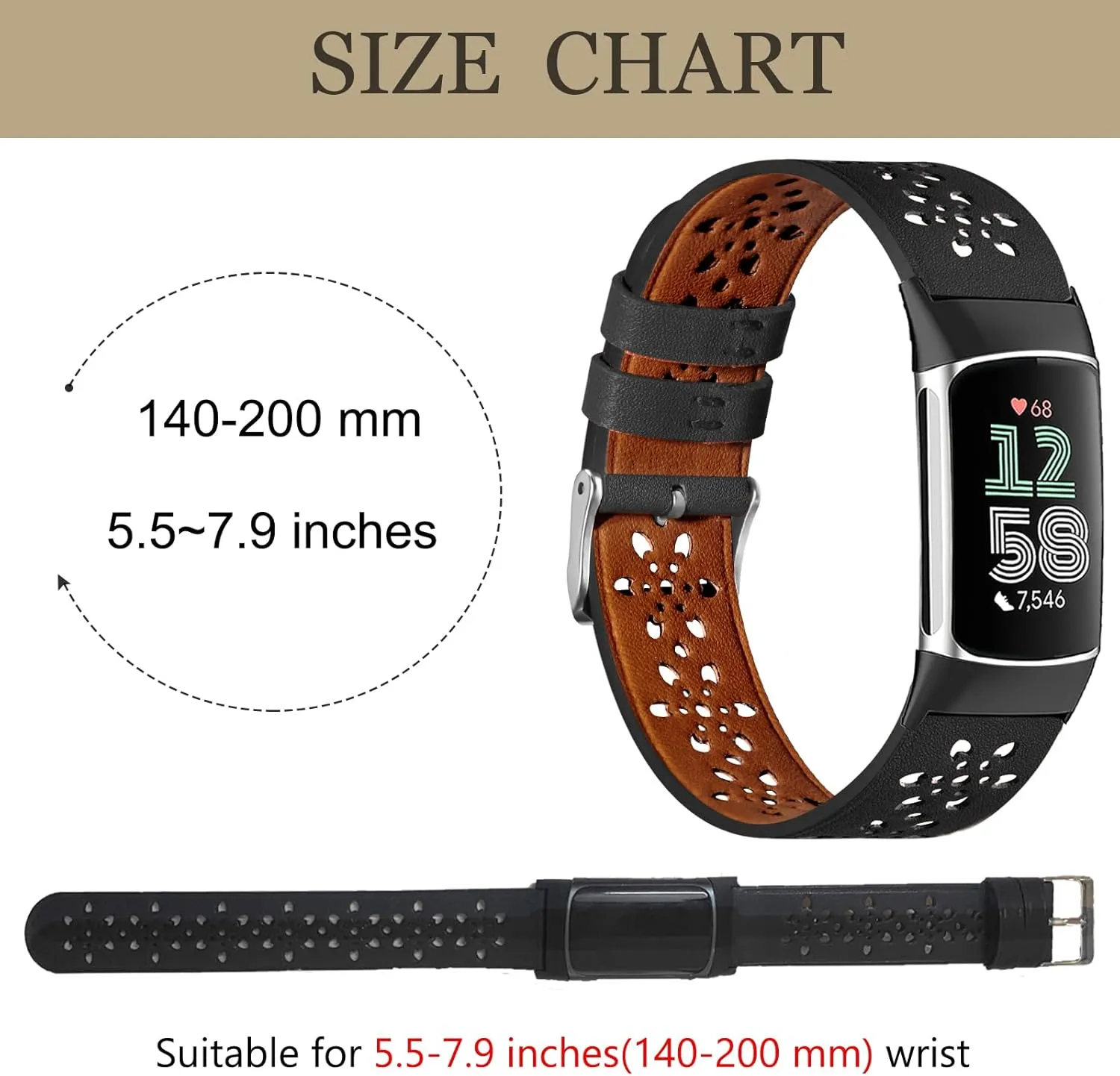 2 Pack Leather Bands Compatible with Fit Bit Charge 5 for Men Women，Soft Breathe Skeletonized Leather Wristband Replacement for Fit Bit Charge 5