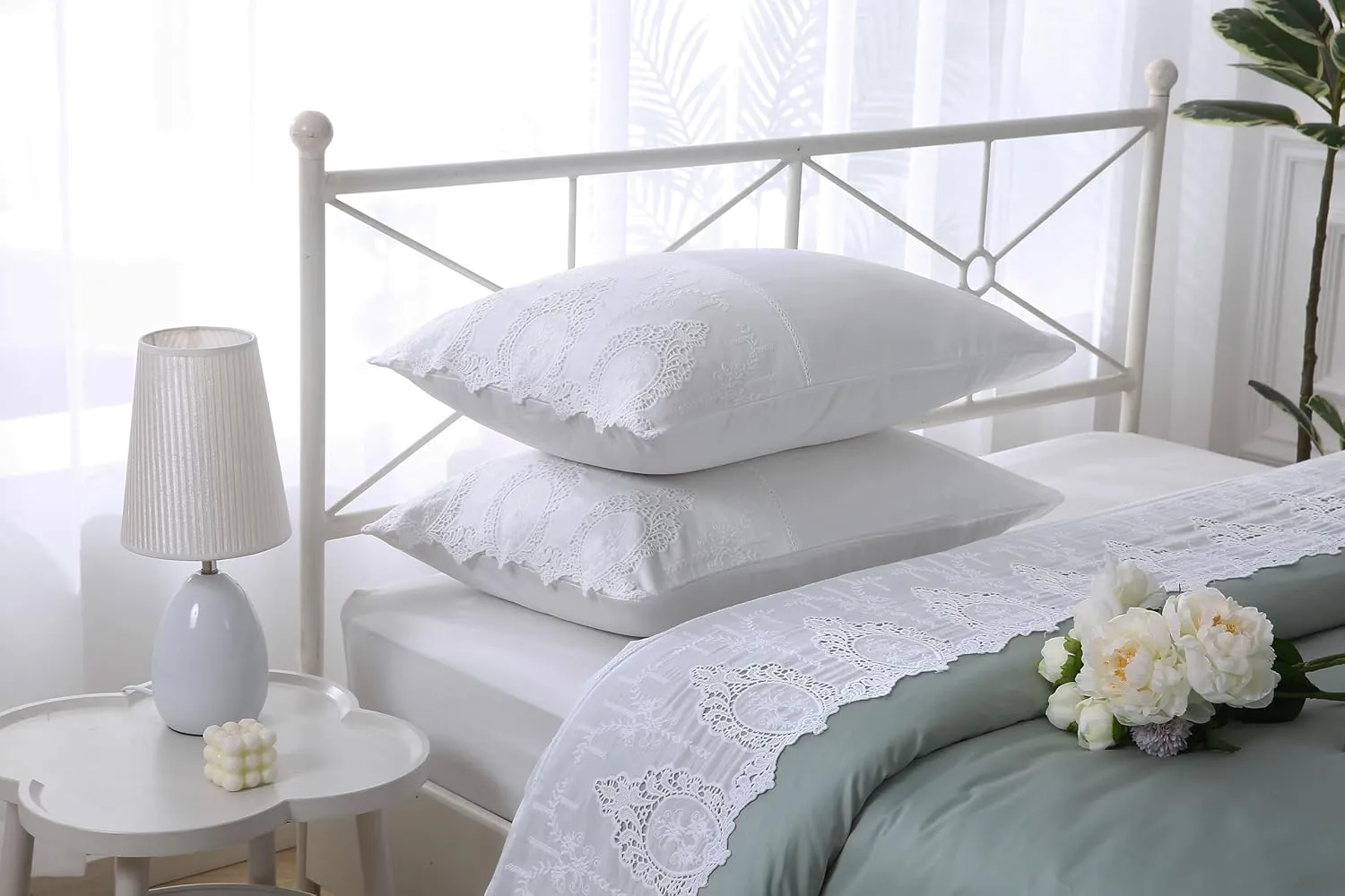 2-Pack White Hollowed Out Lace Pillowcases Battenburg Lace Pillow Shams French Luxury Elegant Look 100% Cotton Standard Size