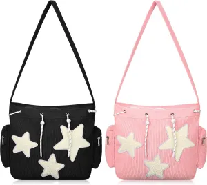 2 Pack Y2k Tote Bag Cute Star Crossbody Bag Shoulder Purse Aesthetic Messenger Kawaii Tote, Pink and Black