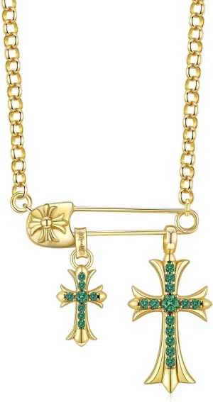 22K Gold Plated Green Stone Double Cross Necklace – Chrome Hearts Style Unisex Pendant, Trendy Hip Hop Jewelry Gift for Men & Women
