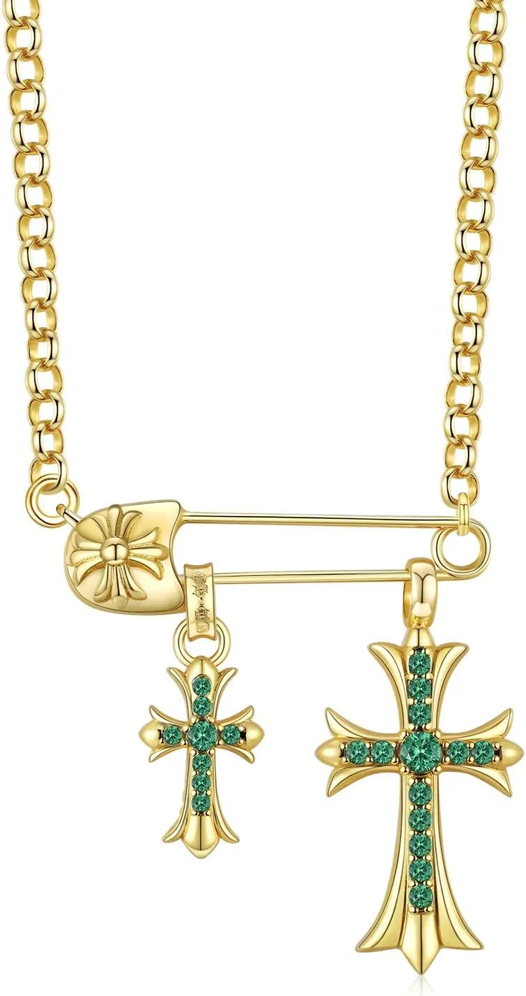 22K Gold Plated Green Stone Double Cross Necklace – Chrome Hearts Style Unisex Pendant, Trendy Hip Hop Jewelry Gift for Men & Women