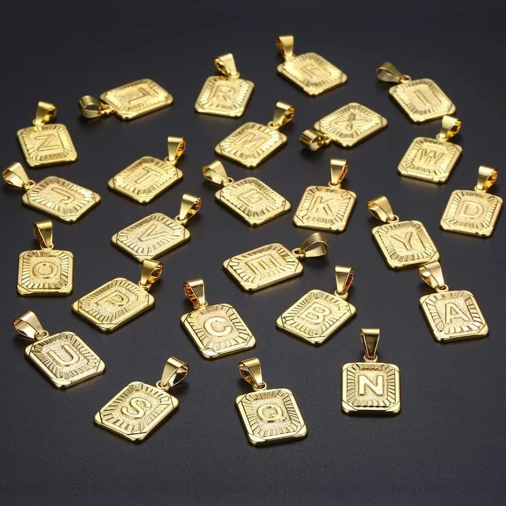26 Gold Plated Square Capital Initial Letter Charm Pendant Necklace for Men Women Box Steel Chain 22inch
