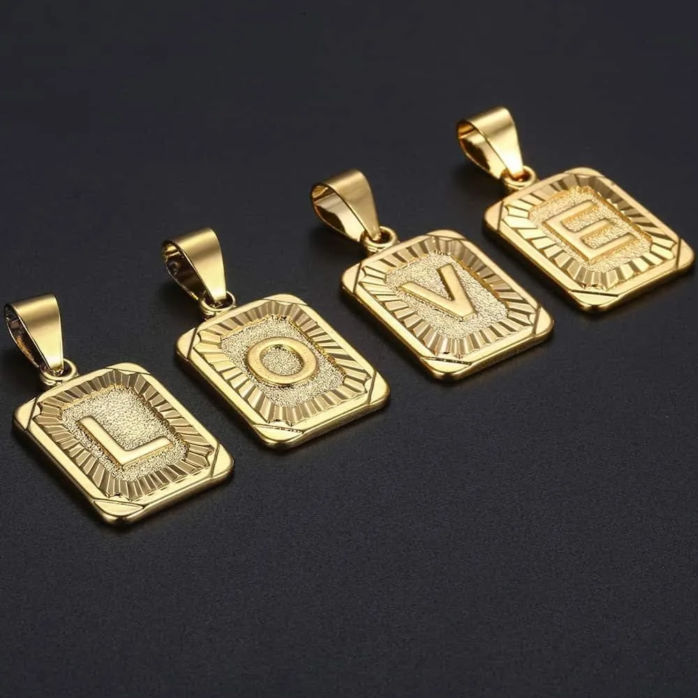 26 Gold Plated Square Capital Initial Letter Charm Pendant Necklace for Men Women Box Steel Chain 22inch