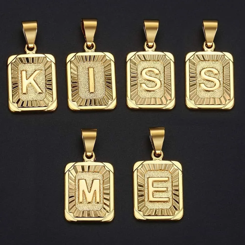 26 Gold Plated Square Capital Initial Letter Charm Pendant Necklace for Men Women Box Steel Chain 22inch