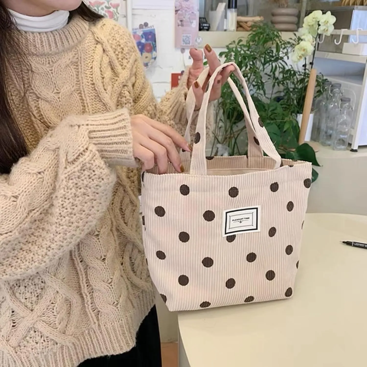 2PCS Corduroy Small Tote Bag for Women Cute Floral Mini Tote Bag Preppy Aesthetic Reusable Bags for Grocery, Essentials, Water Bottle, Keys