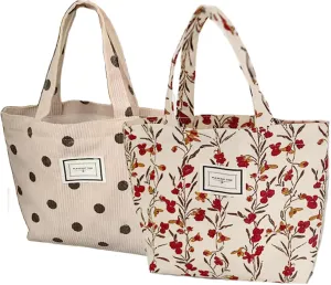 2PCS Corduroy Small Tote Bag for Women Cute Floral Mini Tote Bag Preppy Aesthetic Reusable Bags for Grocery, Essentials, Water Bottle, Keys