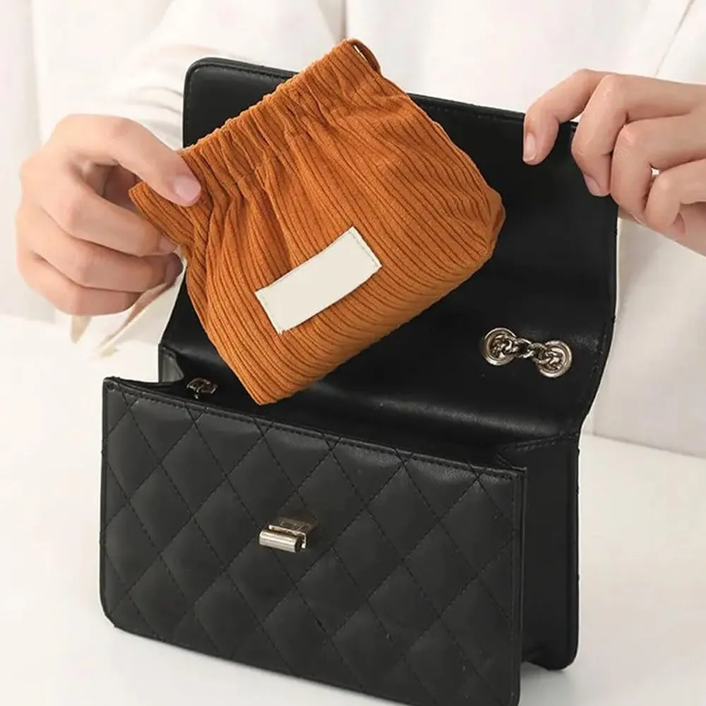 2Pcs Mini Corduroy Elastic Storage Bag Handbags For Women Mini Makeup Bag Corduroy Storage Bag Red Envelope Cosmetics Storage Small Bag (White Brown)