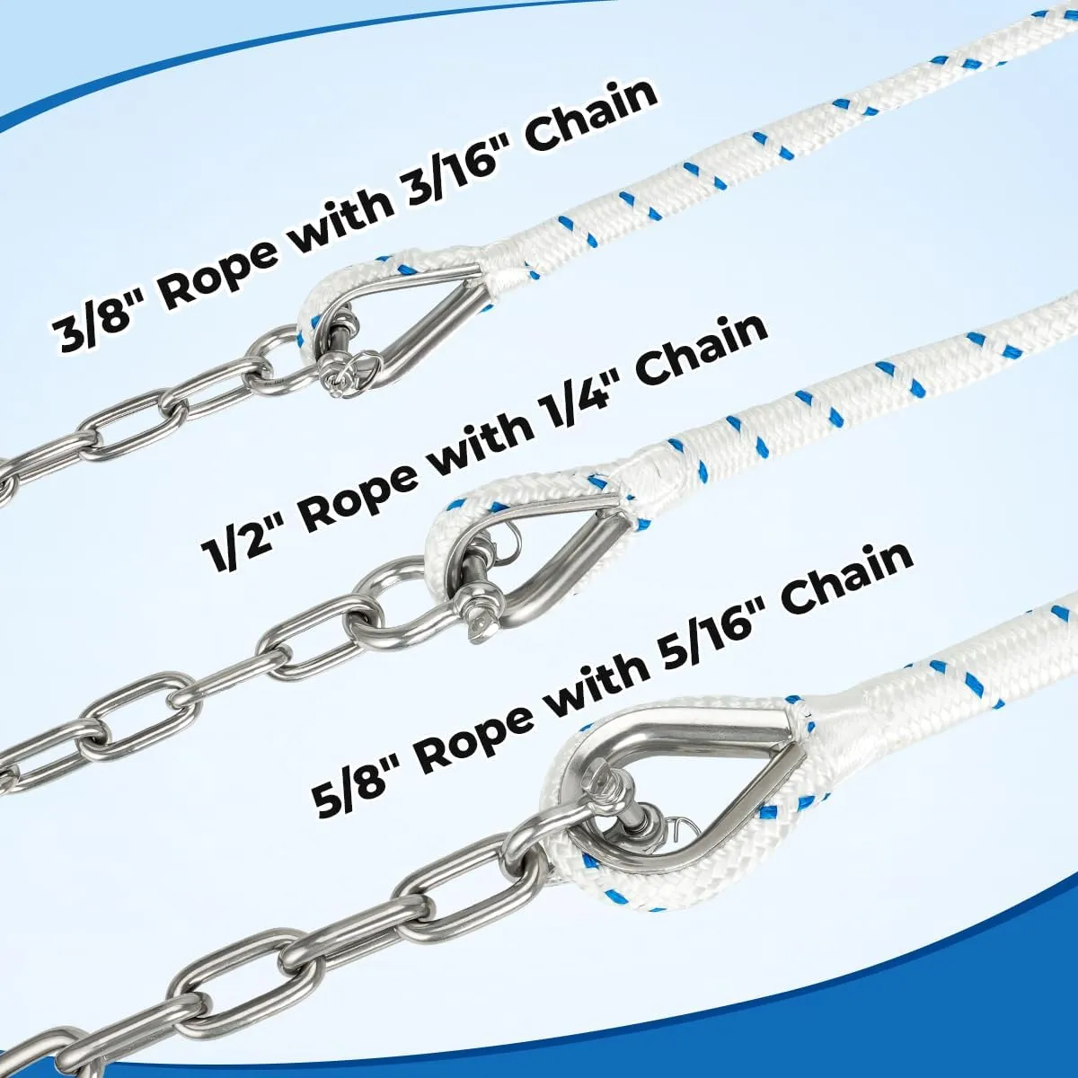 3/8" Boat Anchor Rope 100 FT with 3/16" 316 Stainless Steel Chain 6 FT, 1/4" Bow Shackles and 3/8" Thimble, Anchor Rode for Mooring, Boats Pontoon, Deck, Fishing, Sail