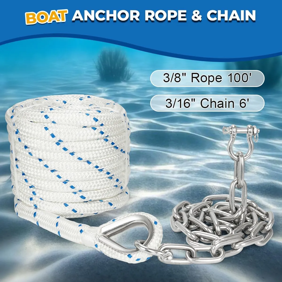 3/8" Boat Anchor Rope 100 FT with 3/16" 316 Stainless Steel Chain 6 FT, 1/4" Bow Shackles and 3/8" Thimble, Anchor Rode for Mooring, Boats Pontoon, Deck, Fishing, Sail