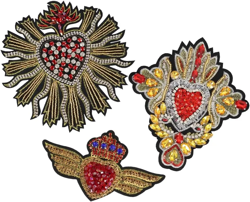 3pcs Beaded Rhinestone Heart Patches Sew On Patches for Jackets Embroidery Bead Patch Heart Applique Patches for Clothing Dress Jackets Handbag Shoes DIY Decoration (NO.7)