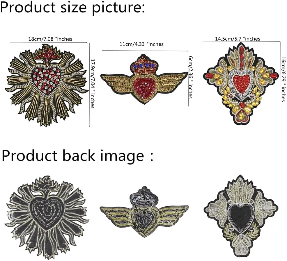 3pcs Beaded Rhinestone Heart Patches Sew On Patches for Jackets Embroidery Bead Patch Heart Applique Patches for Clothing Dress Jackets Handbag Shoes DIY Decoration (NO.7)
