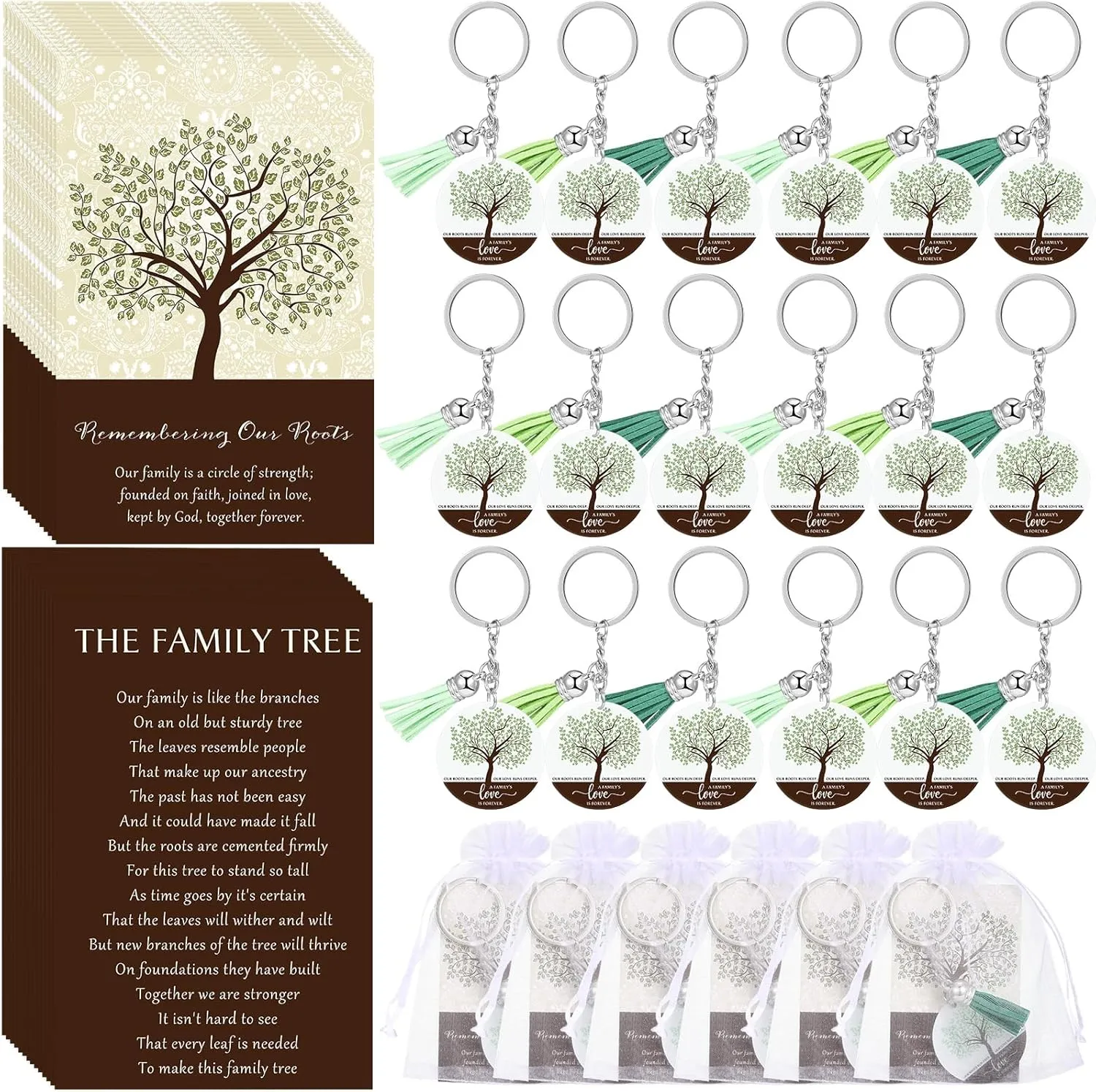 40 Sets Family Reunion Party Favors Family Tree Keychains with Tassel Remembering Our Roots Cards Bags for Family Gathering