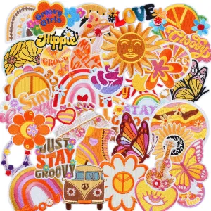 40pcs Bohemia Hippie Iron/Sew on Patches, Lovely Groovy Embroidered Applique, Retro Cute Decration Strickers for Clothes, Bag, Hat, Jeans, Dress