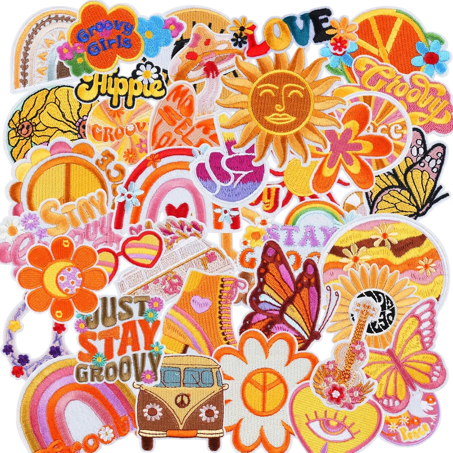 40pcs Bohemia Hippie Iron/Sew on Patches, Lovely Groovy Embroidered Applique, Retro Cute Decration Strickers for Clothes, Bag, Hat, Jeans, Dress
