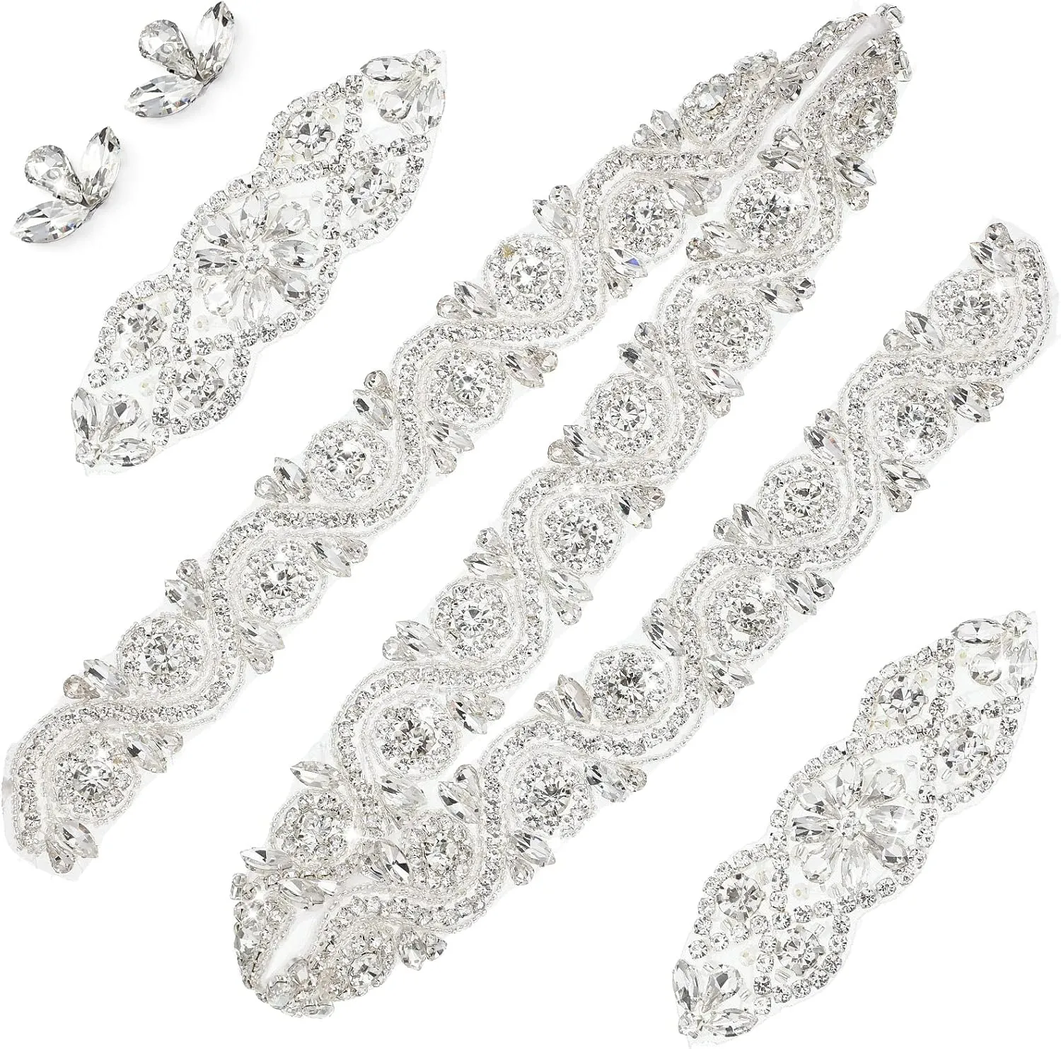 5 Pcs Crystal Rhinestone Applique Silver Wedding Applique Iron on Rhinestone Sash Applique Rhinestone Hair Applique for Bridal Wedding Dress Clothes Shoes(Elegant Style)