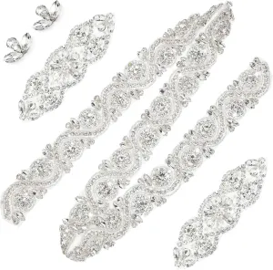 5 Pcs Crystal Rhinestone Applique Silver Wedding Applique Iron on Rhinestone Sash Applique Rhinestone Hair Applique for Bridal Wedding Dress Clothes Shoes(Elegant Style)