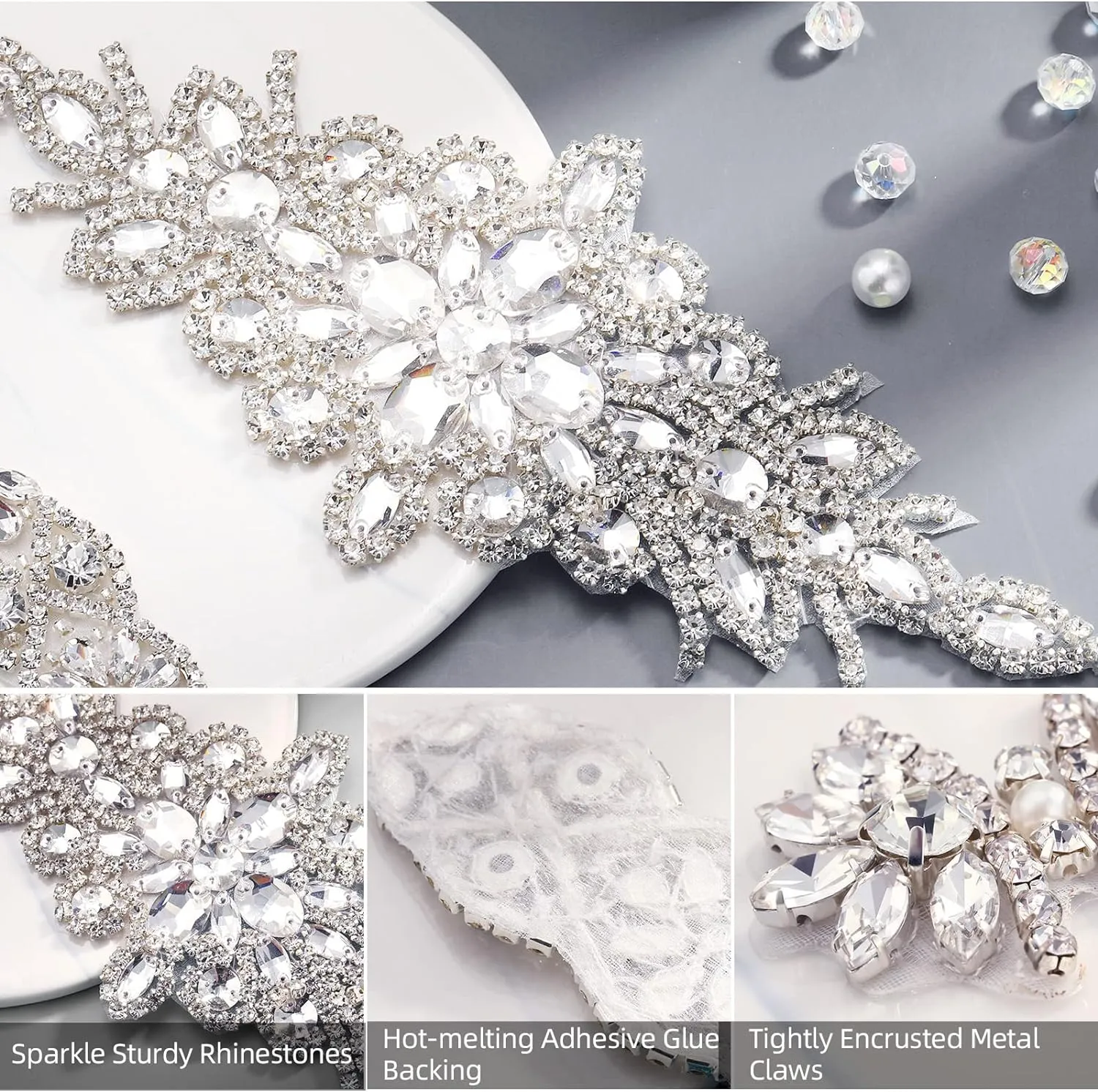 5 Pcs Crystal Rhinestone Applique Wedding on Rhinestone Sash Hair Applique for Bridal Wedding Dress Clothes Shoes(Silver)