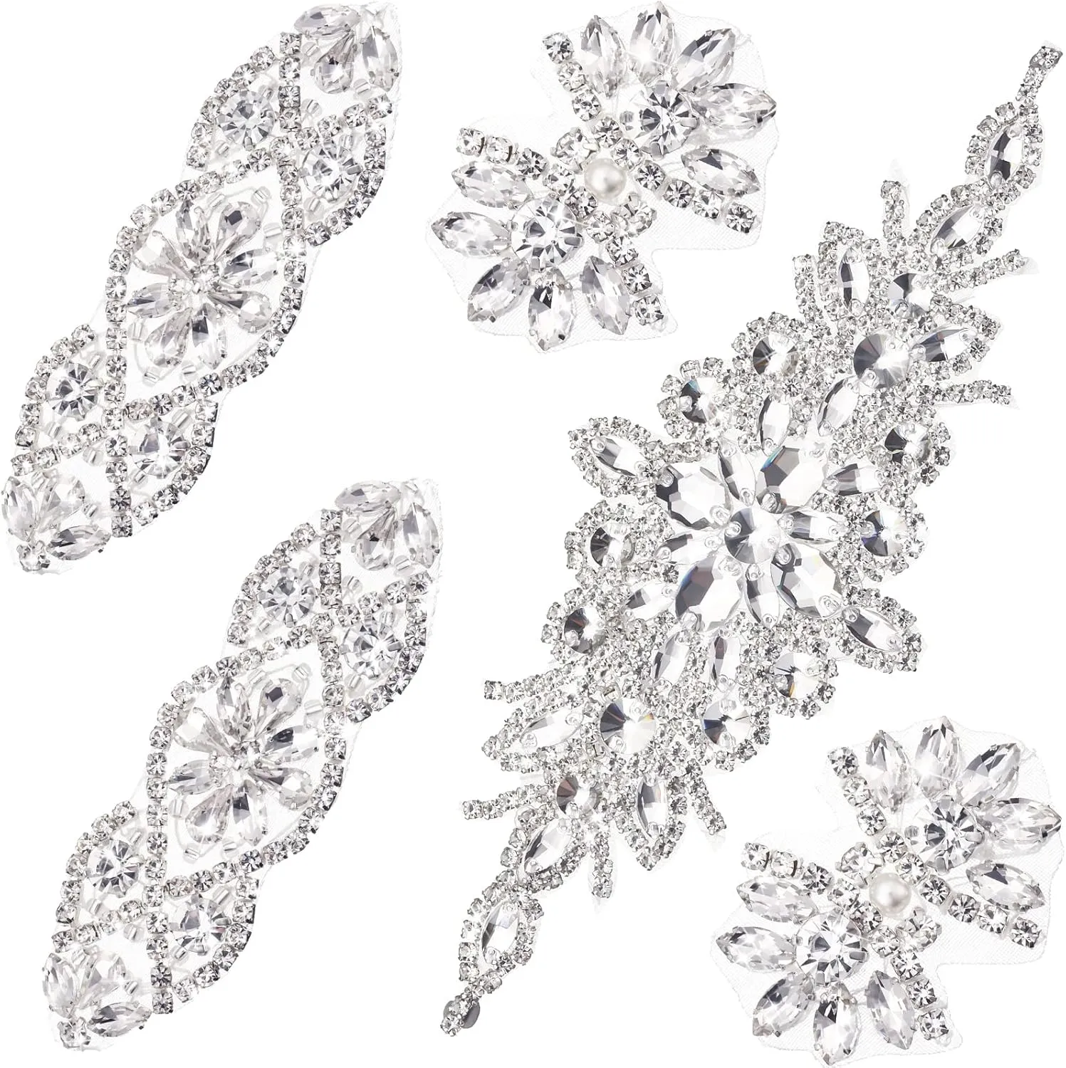 5 Pcs Crystal Rhinestone Applique Wedding on Rhinestone Sash Hair Applique for Bridal Wedding Dress Clothes Shoes(Silver)