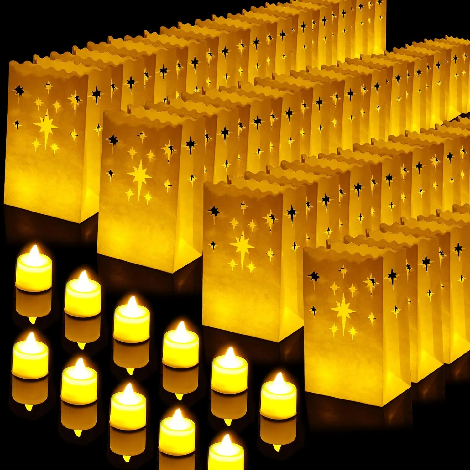 50 Set Luminary Paper Bags with Flameless Tea Lights, Christmas LED Tea Light Flameless Candle with Luminaries Candle Bag for Birthday Wedding Halloween Christmas Thanksgiving Party Decor (Firework)