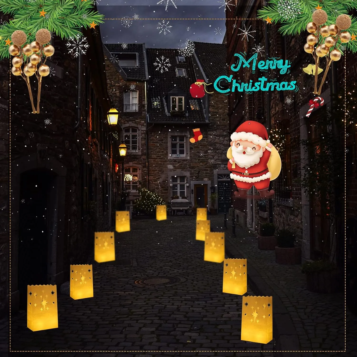 50 Set Luminary Paper Bags with Flameless Tea Lights, Christmas LED Tea Light Flameless Candle with Luminaries Candle Bag for Birthday Wedding Halloween Christmas Thanksgiving Party Decor (Firework)