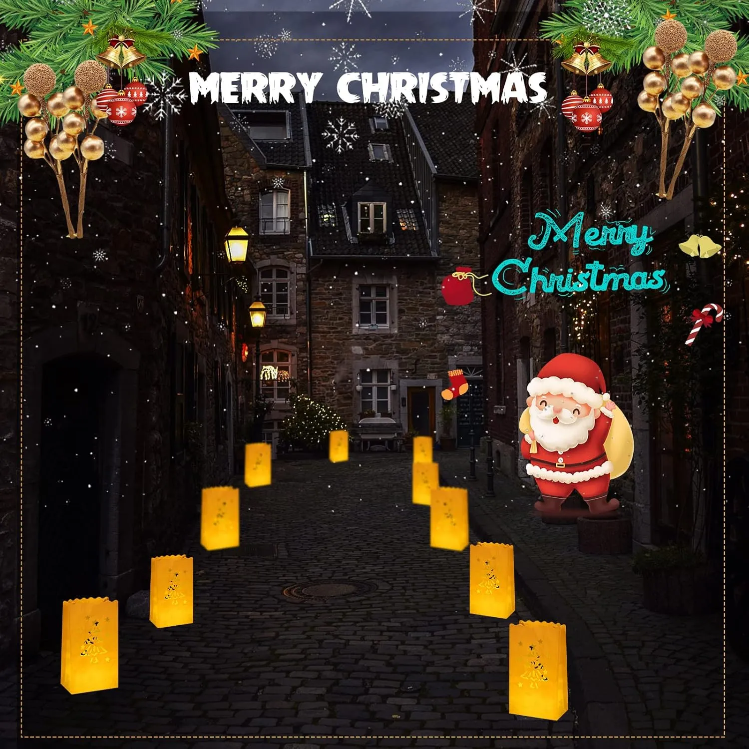 50 Set Luminary Paper Bags with Flameless Tea Lights, Christmas LED Tea Light Flameless Candle with Luminaries Candle Bag for Birthday Wedding Halloween Christmas Thanksgiving Party Decor (Tree)