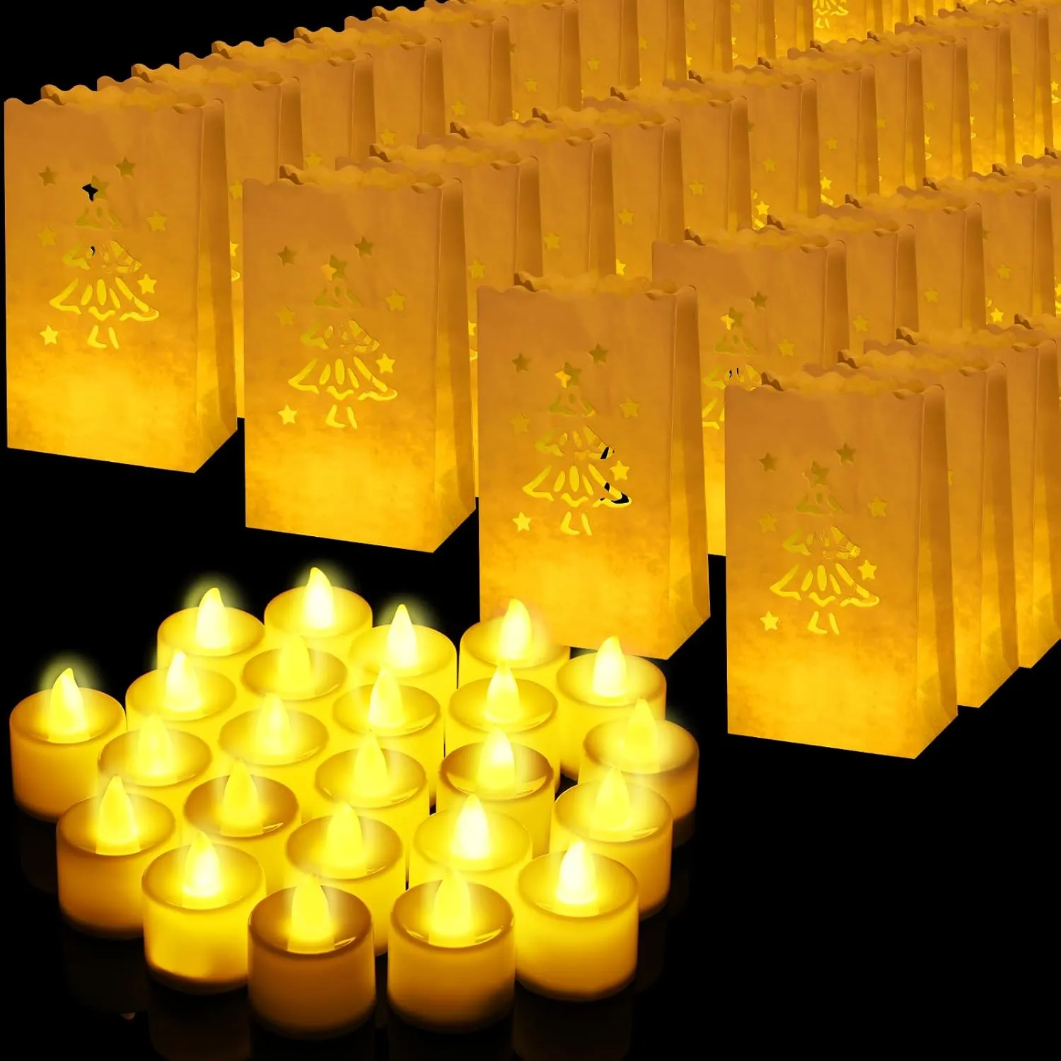50 Set Luminary Paper Bags with Flameless Tea Lights, Christmas LED Tea Light Flameless Candle with Luminaries Candle Bag for Birthday Wedding Halloween Christmas Thanksgiving Party Decor (Tree)