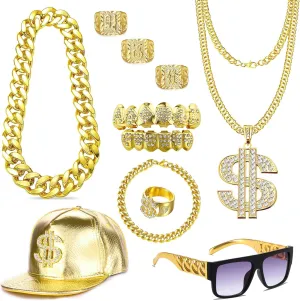 80 90s Hip Hop Costume Outfit Kit Fake Gold Chain Dollar Sign Cap CZ Grillz Teeth Rapper Accessories Set