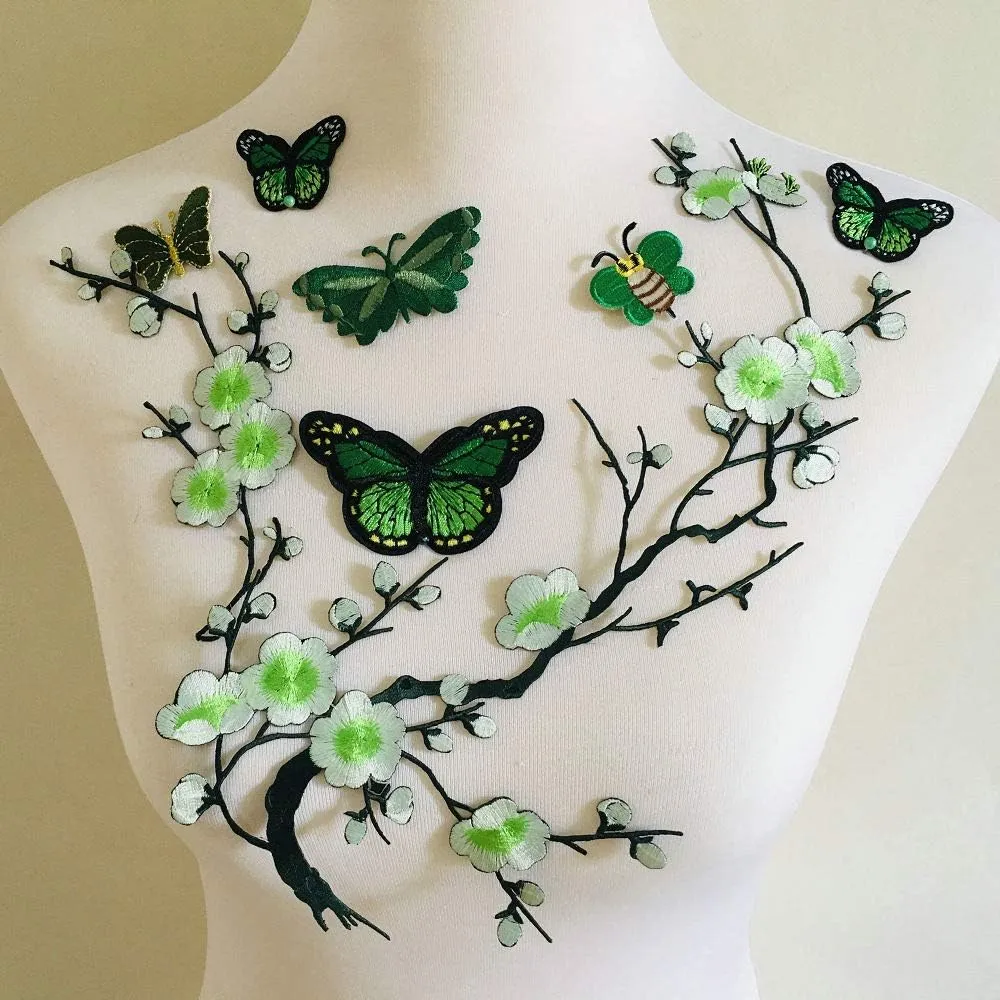 8pcs Flower Butterfly Embroidery Applique Patch Iron on Cotton Applique Butterfly Patch (Green B)