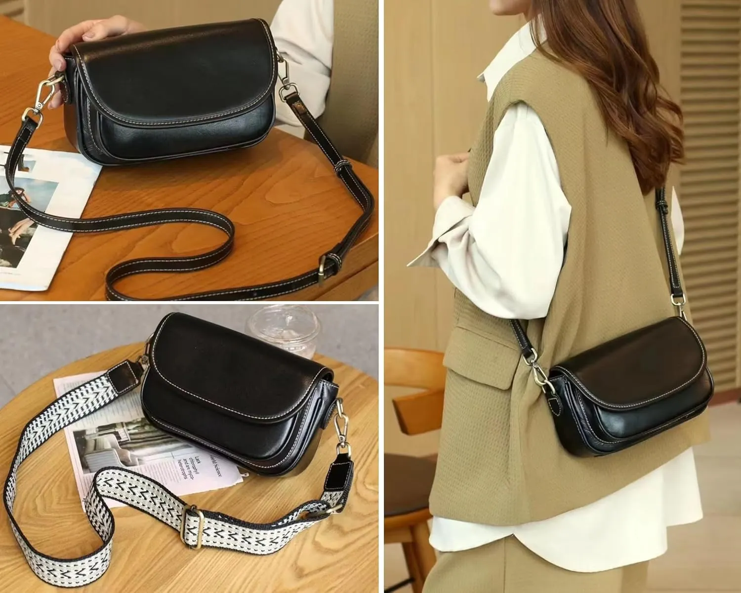 9" Women Genuine Cow Real Leather Crossbody Bag Purse with 2 Adjutable Shoulder Straps
