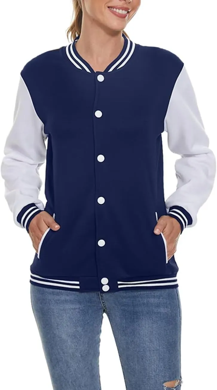 ACEFAST INC Women's Varsity Jacket Baseball Uniform Casual Long Sleeve Sport Bomber Jacket Coat