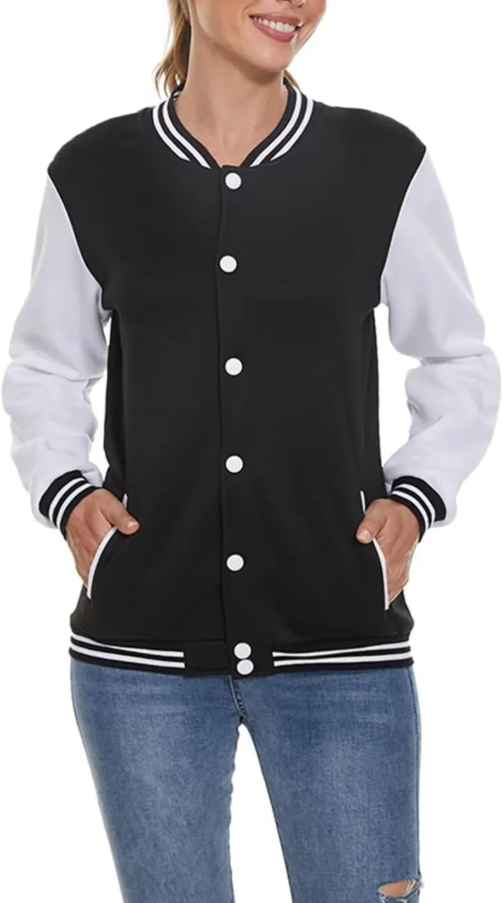 ACEFAST INC Women's Varsity Jacket Baseball Uniform Casual Long Sleeve Sport Bomber Jacket Coat