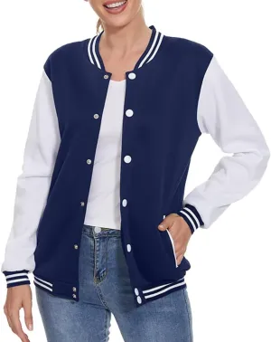 ACEFAST INC Women's Varsity Jacket Baseball Uniform Casual Long Sleeve Sport Bomber Jacket Coat