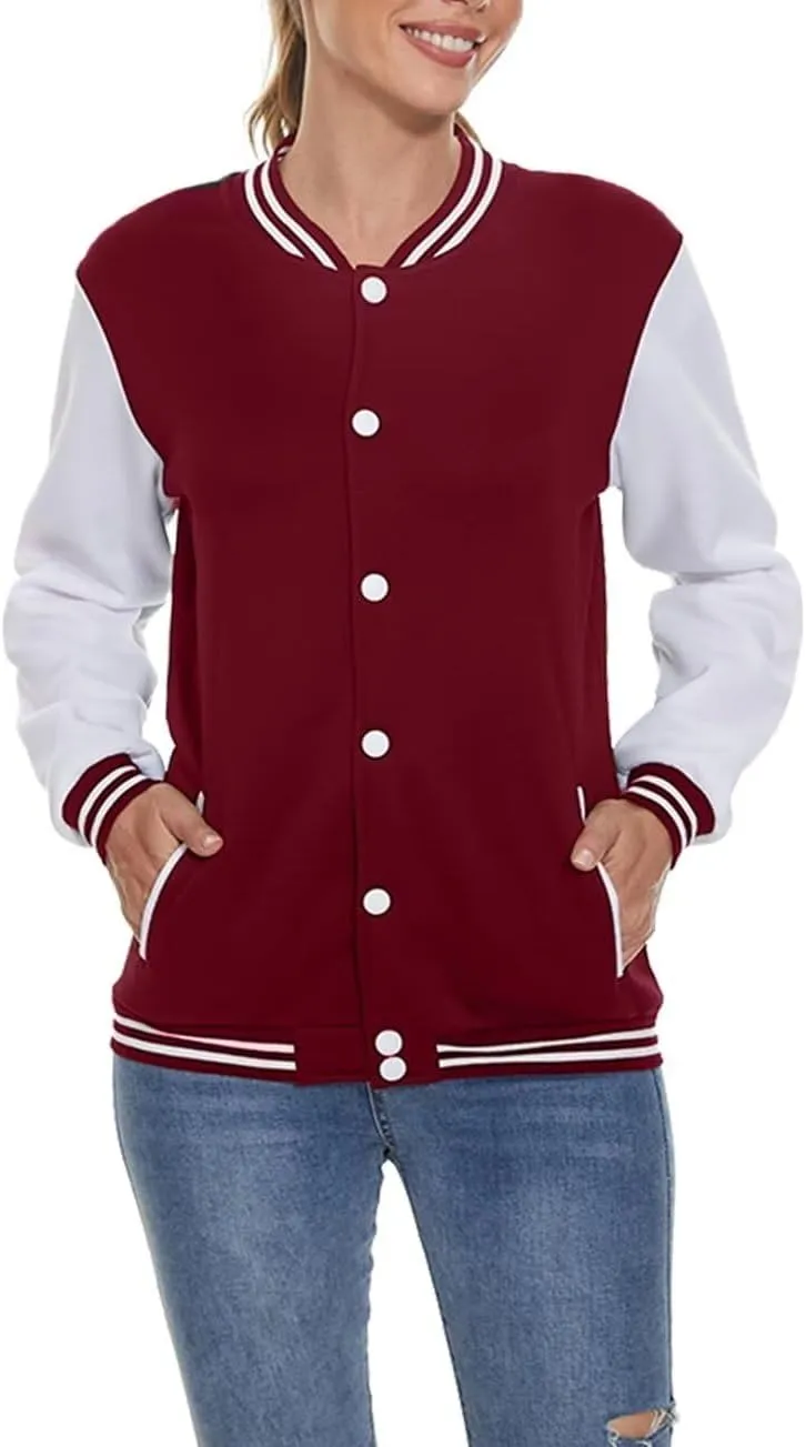 ACEFAST INC Women's Varsity Jacket Baseball Uniform Casual Long Sleeve Sport Bomber Jacket Coat
