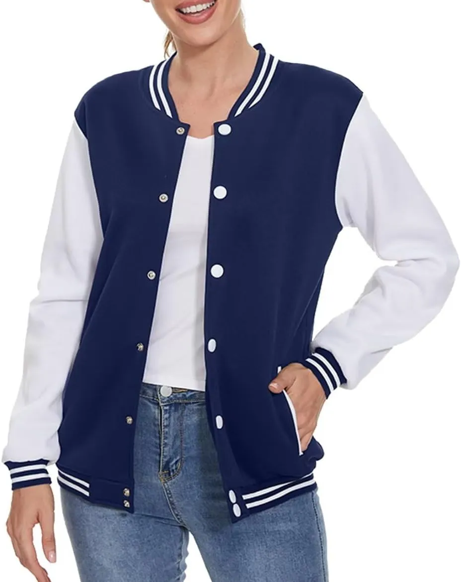 ACEFAST INC Women's Varsity Jacket Baseball Uniform Casual Long Sleeve Sport Bomber Jacket Coat
