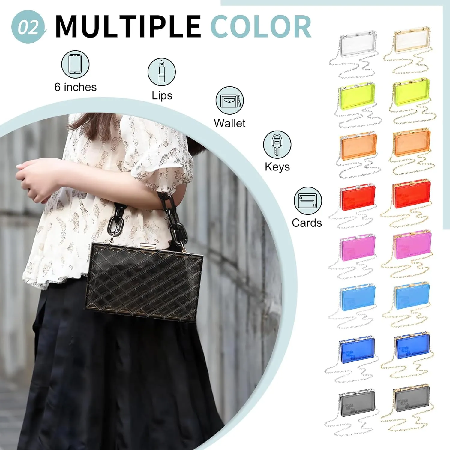 Acrylic Clear Evening Clutch Bag for Women, Shoulder Handbags Neon Hard Frame with Chains Party Purse for Wedding Prom Party (Purple, Silver)